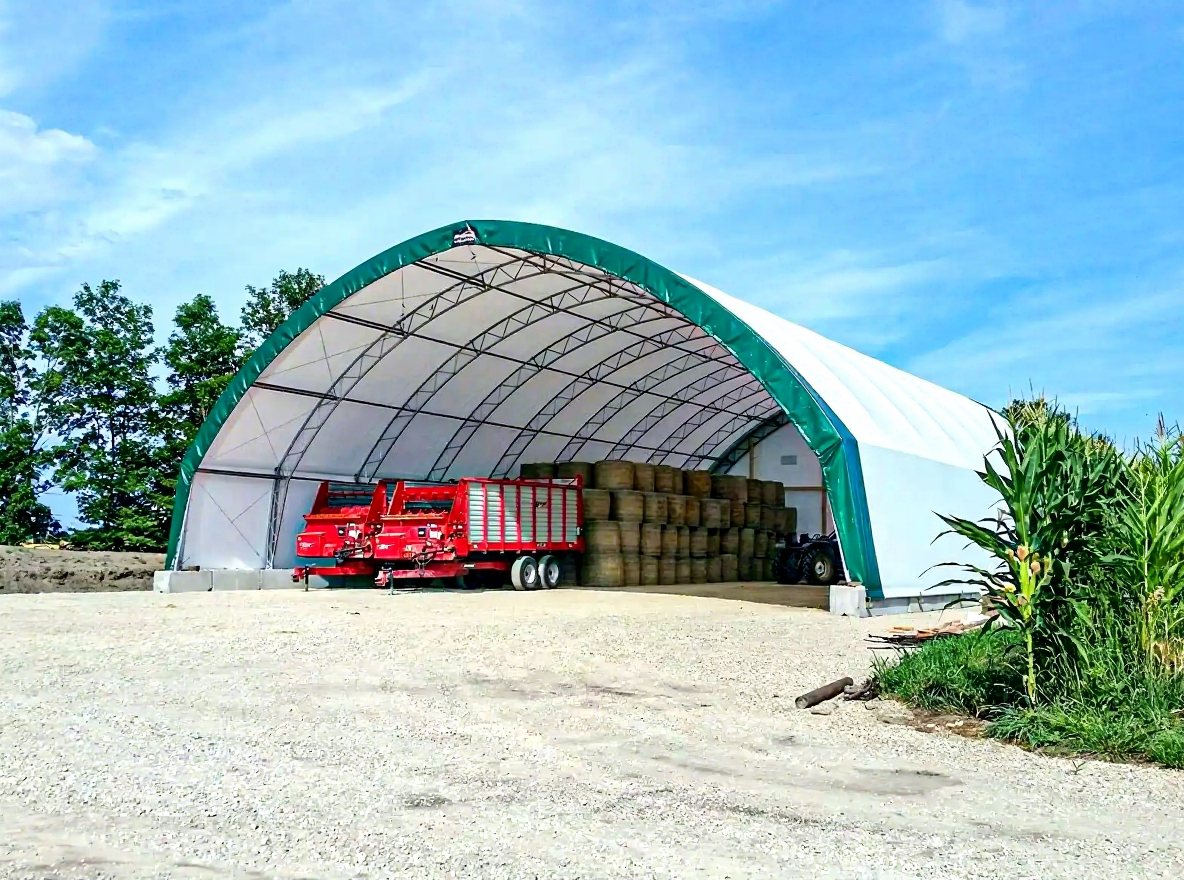 Container-mounted fabric dome shelter