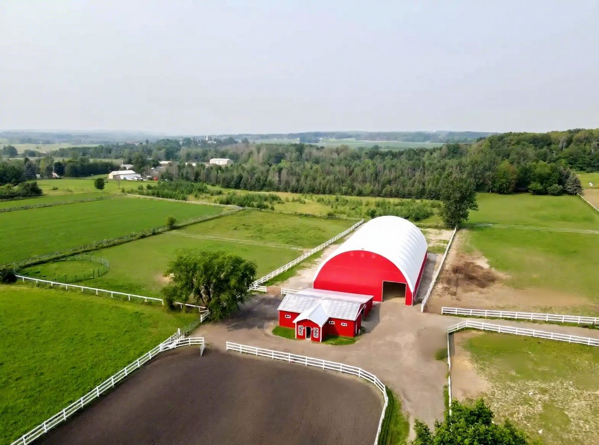 Aerial red riding arena and stable complex