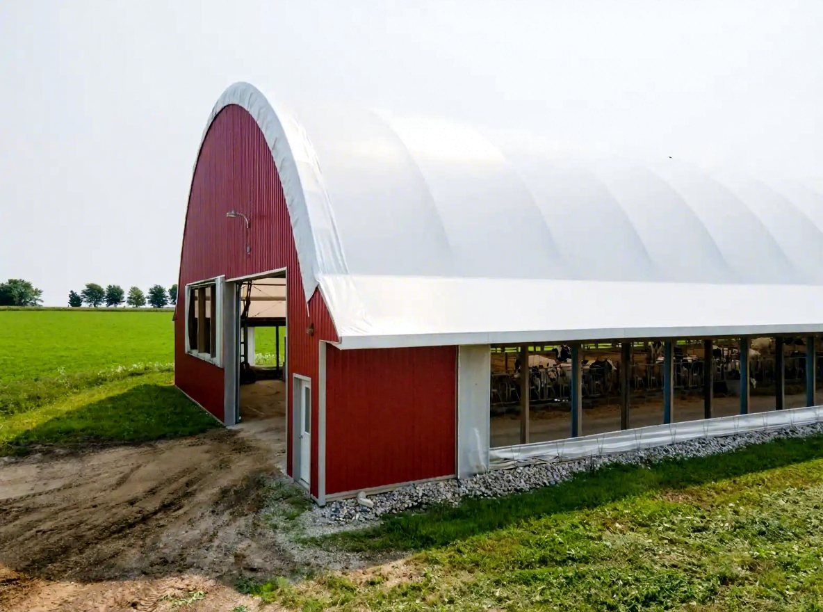 Red dairy barn with white fabric roof and cows