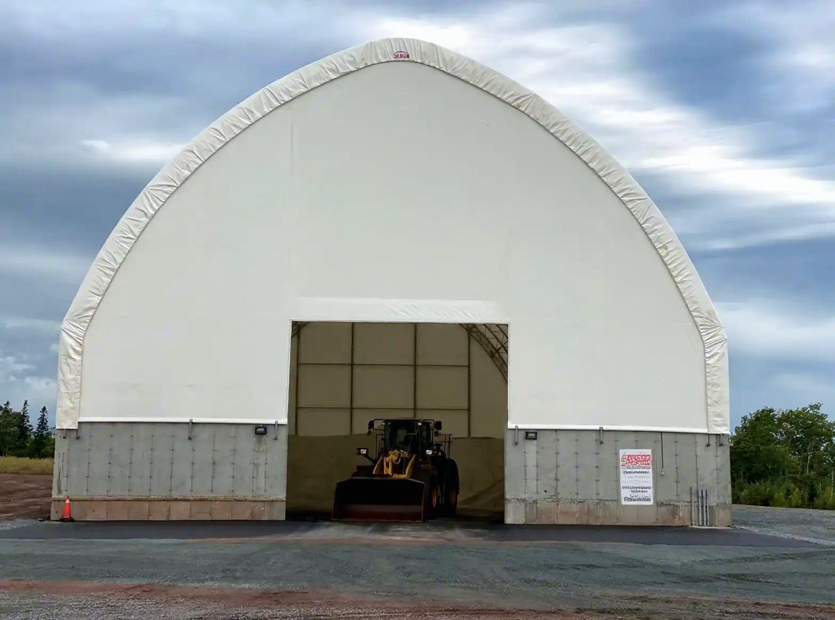 Large white bulk storage dome with wheel loader
