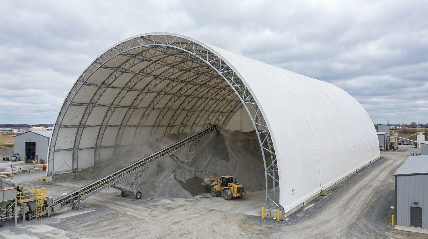 Bulk material storage fabric building