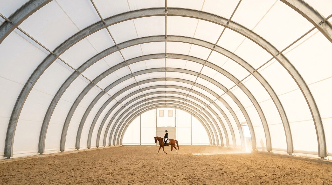 Indoor equestrian riding arena with horse